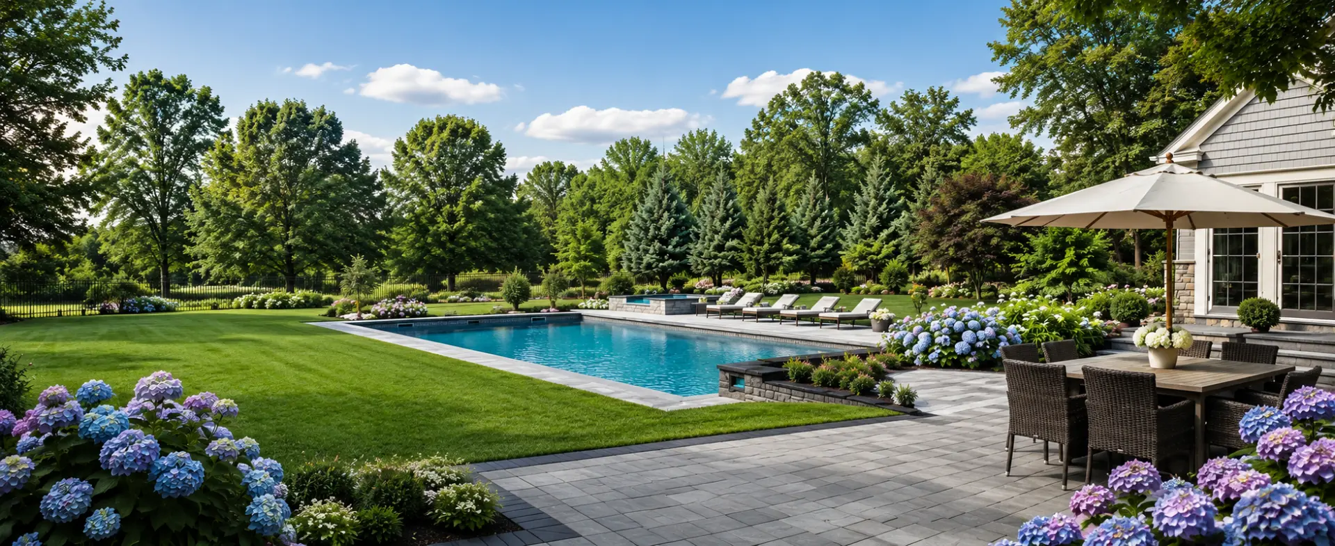 Landscaped backyard with pool, patio, and hydrangea beds